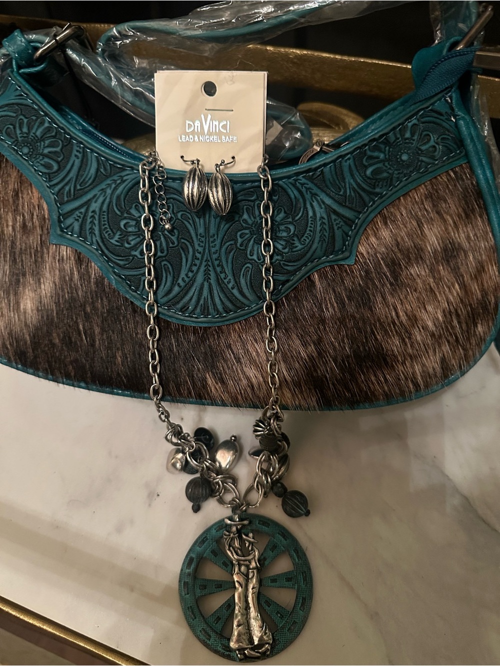 NWT Montana West COWHIDE HAIR ON Crescent Bag Hobo Turquoise FREE Jewelry Set TX
